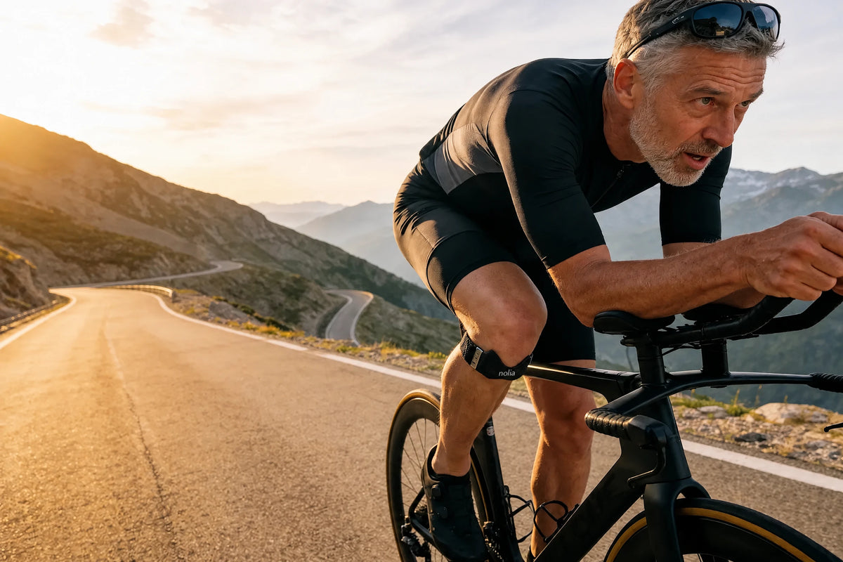 Ciclista numa estrada de montanha ao pôr do sol, com a correia rotuliana nolia no joelho